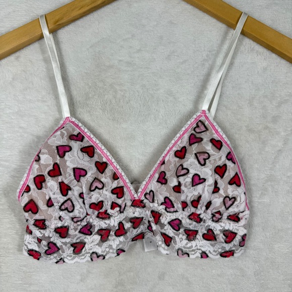 Hanky Panky Other - Hanky Panky White Lace Heart Print Triangle Bralette Small Red Pink Made in USA